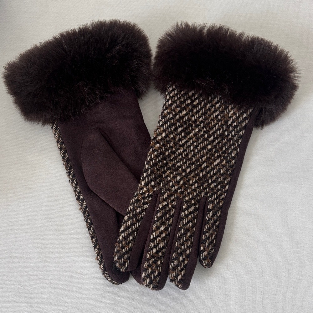 London Fog Black and Brown Fur-Trimmed Gloves